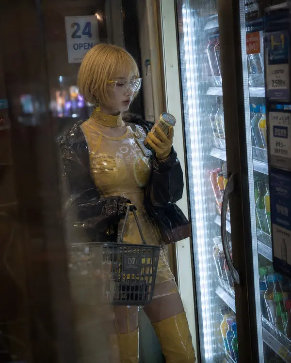 Burning Fruit Girls — Ning: COLD CASE RUN. Editorial portrait at convenience-store cold aisle.