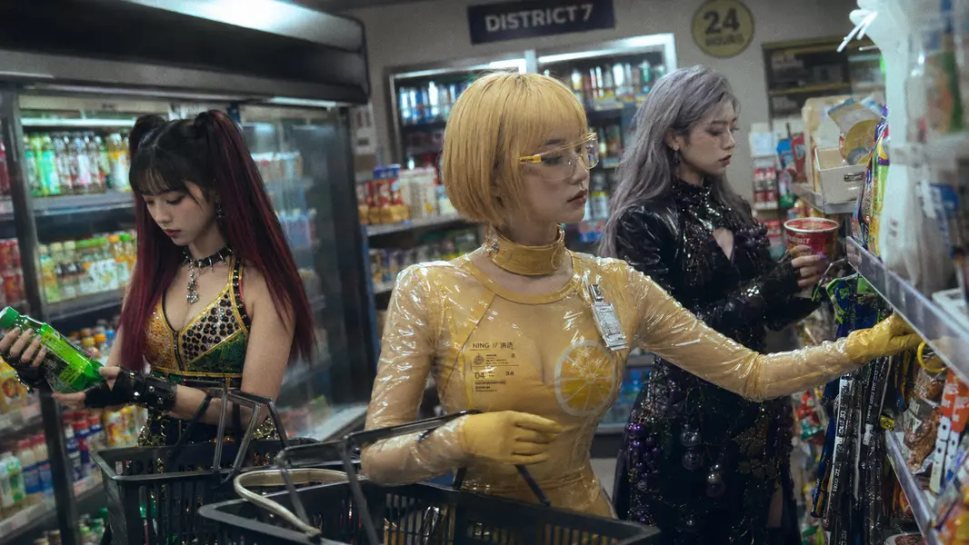 Burning Fruit Girls — Hami, Ning, Grape: AISLE SCAN. Off-duty record at District 7 convenience store.