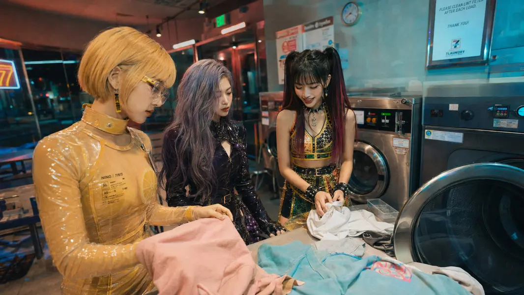 Burning Fruit Girls — Hami, Ning, Grape: LAUNDRY CYCLE. Off-duty record at District 7 laundromat.